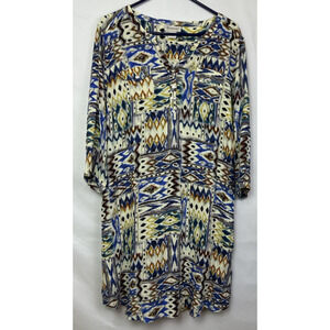 Ariat Women's Size Large White/Blue Elbow Sleeve V-Neck 1/2 Button Dress